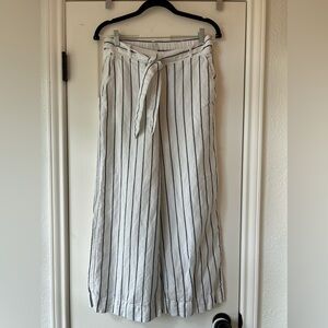 JOIE Linen Belted Wide Leg Cropped White Pants with Black Stripe. S Small